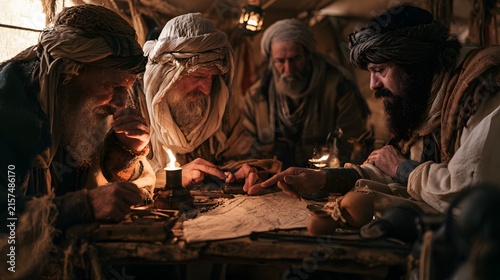 Middle eastern biblical wise men or magi examining a map by candlelight inside a nomadic tent at night