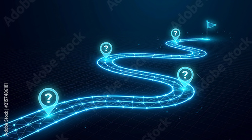Abstract glowing digital road path with milestone markers and finish flag