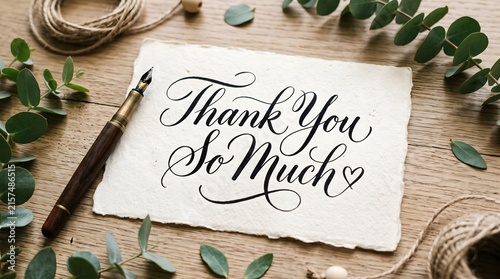 Elegant calligraphy of thank you note with botanical elements and vintage writing tools