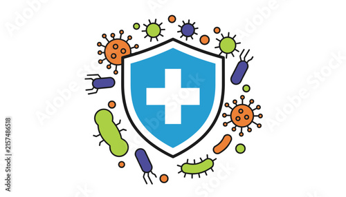 Healthcare protection concept illustration showing a blue shield with a white cross defending against colorful viruses and bacteria.