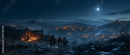 Three wise men and camels traveling across a starry night landscape toward a glowing light and distant village under a bright guiding star