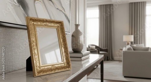 Elegant Gold Picture Frame on Modern Console Table.