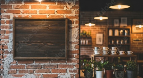 Rustic brick wall with empty frame in cozy cafe interior.