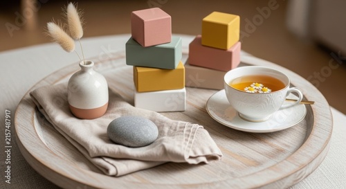 Colorful wooden blocks and tea on a round table.