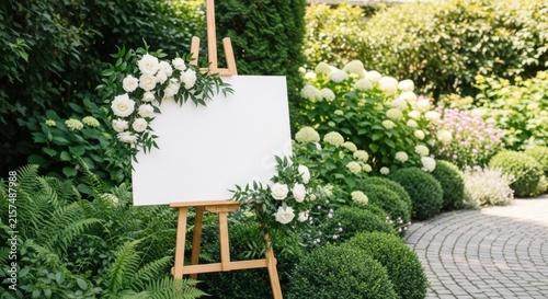 Blank Canvas Easel in Lush Garden Setting.