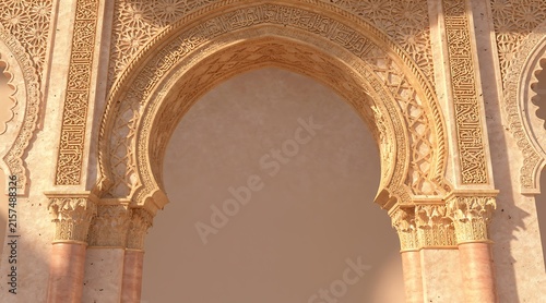 Detailed Ancient Islamic Archway with Intricate Moorish Stucco Carvings and Arabic Calligraphy Art