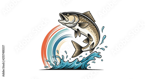 A stylized illustration of a fish jumping out of water