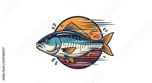 A stylized illustration of a fish swimming against a sunset background