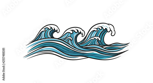 A stylized illustration of blue ocean waves on white background