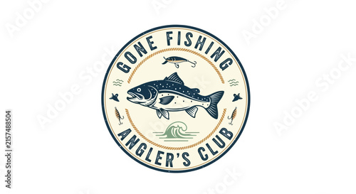 A vintage style circular emblem featuring a fish and fishing gear