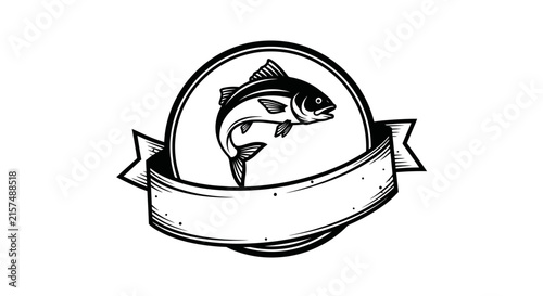 A vintage style emblem featuring a jumping fish and banner