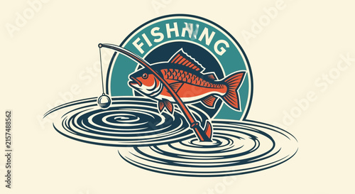 A vintage style graphic illustration of a fish and fishing rod