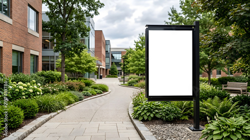 Blank vertical billboard mockup in a modern corporate office park courtyard
