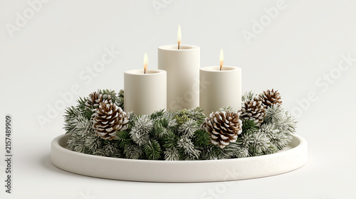 A serene arrangement of white candles surrounded by pinecones and evergreen foliage, creating a cozy ambiance perfect for winter decor.