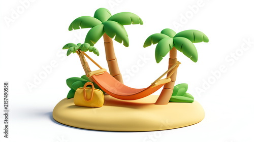 A vibrant and playful depiction of a tropical hammock setup surrounded by palm trees, perfect for relaxation and vacation-themed projects.