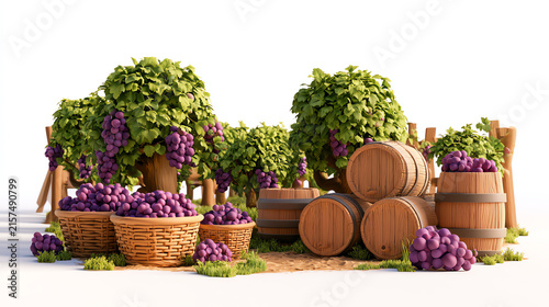 A vibrant arrangement of grapevines, wooden barrels, and baskets filled with fresh grapes, showcasing the bountiful harvest of this delicious fruit.
