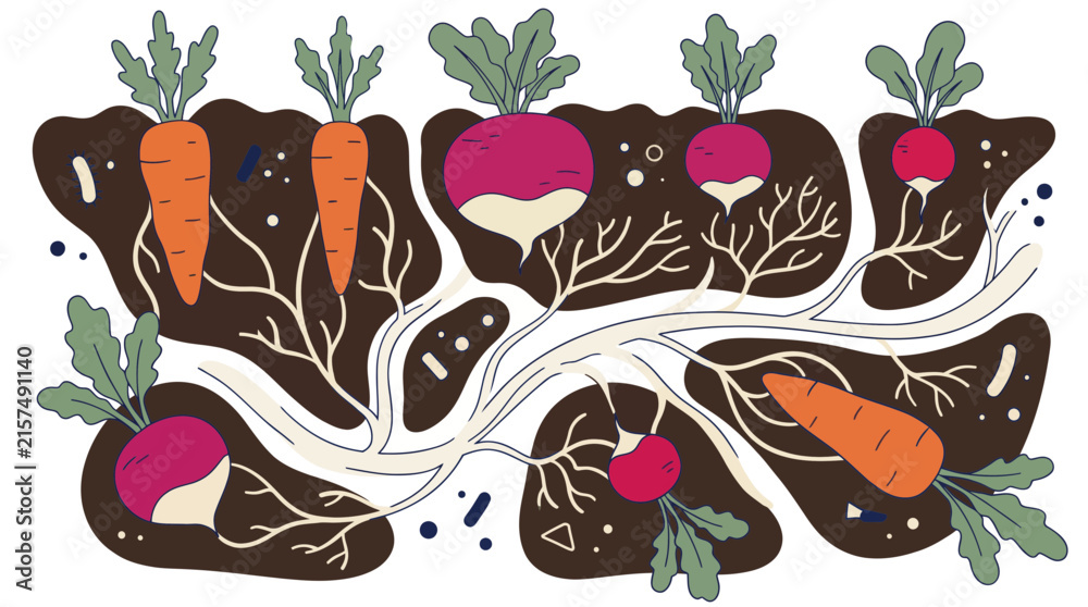 Obraz premium Organic carrots and radishes growing in soil with visible root systems.
