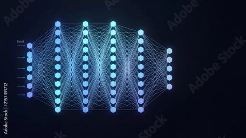 Neural network diagram featuring glowing blue hexagonal nodes connected by thin lines against a dark background representing complex machine learning architecture and artificial intelligence processin