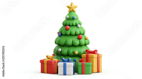 A vibrant, cartoonish Christmas tree adorned with colorful ornaments, surrounded by beautifully wrapped presents, perfect for holiday themes.