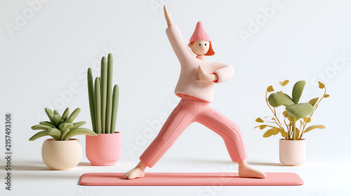 A vibrant yoga figure strikes a pose in a serene setting adorned with lush green plants, symbolizing calmness and wellness in lifestyle pursuits.