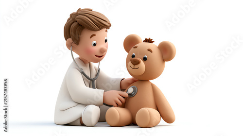 A young child dressed as a doctor examines a teddy bear with a stethoscope, illustrating playtime creativity and nurturing behavior.