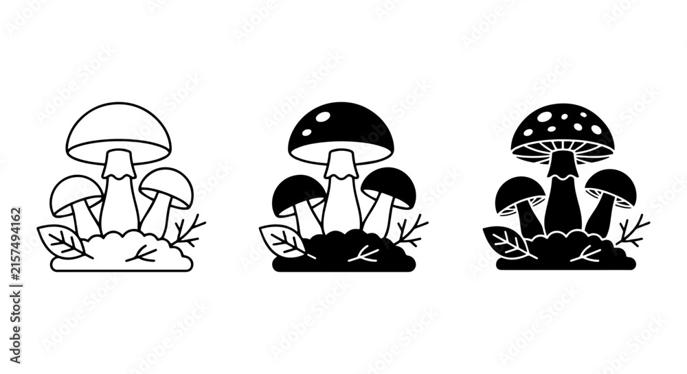 Fototapeta premium Mushroom Icons Set: Outline, Silhouette, and Filled Styles for Nature and Autumn Designs