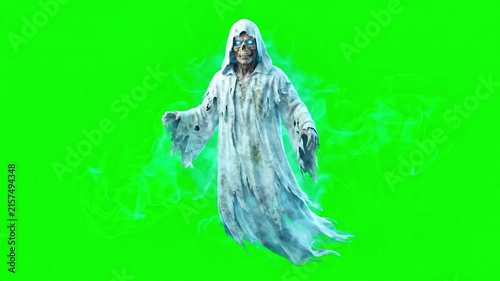 Scary hooded ghost skeleton floating on a green screen background