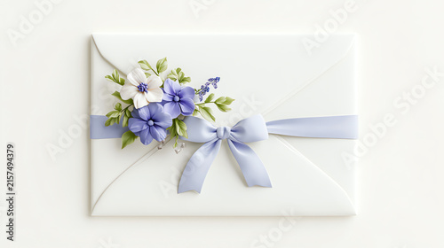 An elegantly designed envelope adorned with delicate flowers and a soft ribbon. Perfect for invitations, greetings, or special occasions.