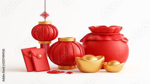 Colorful celebration decor featuring traditional red lanterns, a decorative pot, and gold accents, representing prosperity and good fortune.