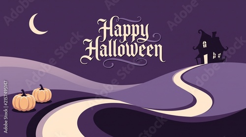 Bild auf Leinwand Happy halloween greeting card with pumpkins and a spooky house in purple night