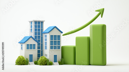 Stylish illustration representing real estate growth with buildings and a rising graph, symbolizing market trends and investment opportunities.
