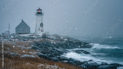 A dramatic, windswept shot of a coastal lighthouse with a festive wreath, during a snow squall