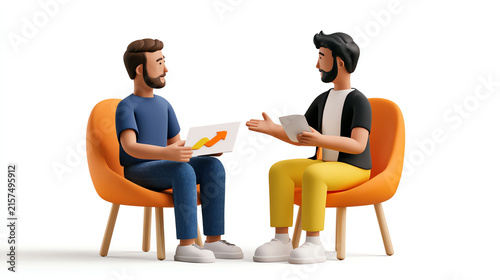 Two men engaged in a discussion, analyzing data on a graph. This scene represents collaboration and modern communication in the workspace.