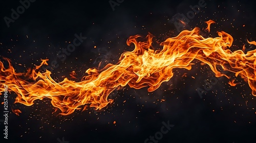 Dynamic and swirling fiery flames creating a wavy pattern with glowing embers against a dark background