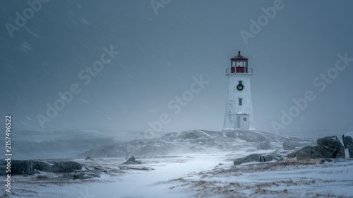 A dramatic, windswept shot of a coastal lighthouse with a festive wreath, during a snow squall