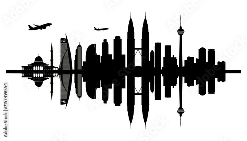 Detailed black and white vector silhouette skyline illustration of Kuala Lumpur featuring Petronas Towers with water reflection