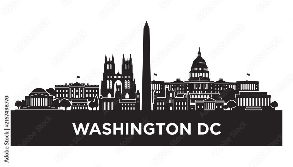 Fototapeta premium Washington DC skyline silhouette vector illustration featuring national monuments and text banner