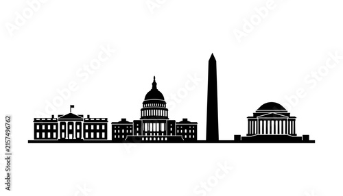 Washington DC skyline silhouette vector illustration featuring White House US Capitol Washington Monument and Jefferson Memorial
