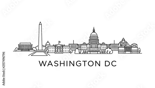 Washington DC skyline line art vector illustration featuring national landmarks and text banner