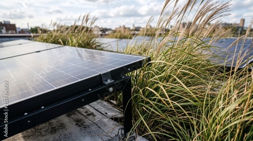 Rooftop Solar Panels Integrated with Greenery and Urban Skyline Under Cloudy Sky