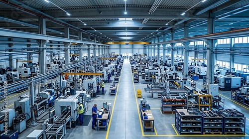 Spacious and welllit industrial factory floor filled with modern manufacturing machinery