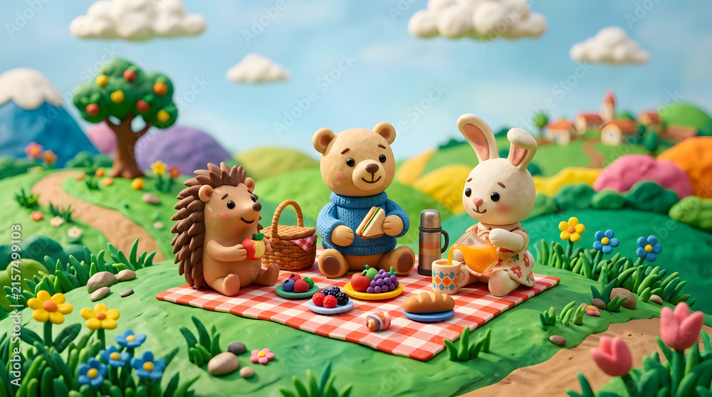 Fototapeta premium Clay Style Hedgehog Bear and Rabbit Having Picnic in Colorful Rolling Hills