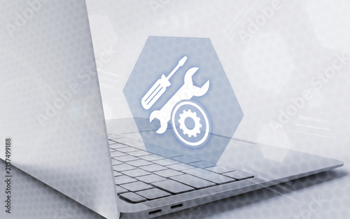 Digital laptop setup illustration with settings and repair tools symbol on futuristic background showcasing IT maintenance, support, and technical service solutions.