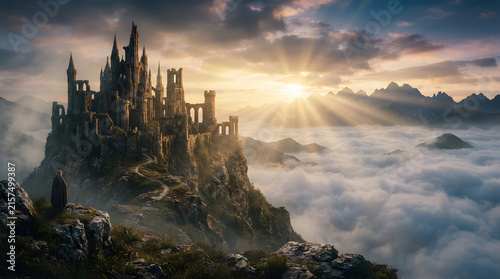 Ancient Gothic Castle Perched Above Clouds with Lone Traveler at Sunrise
