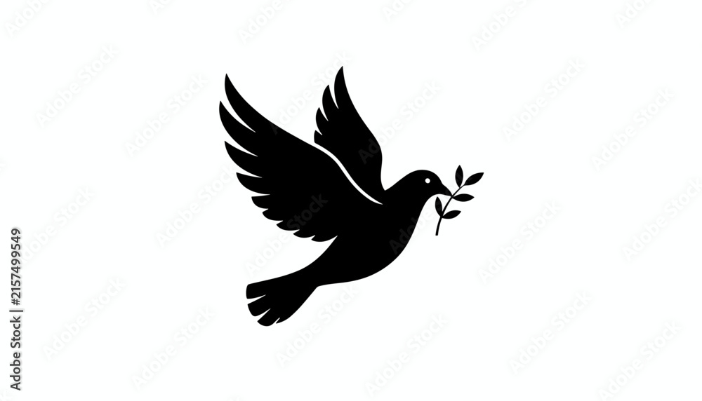 Fototapeta premium Black silhouette of a flying dove carrying a small olive branch in its beak, representing peace on a white background.