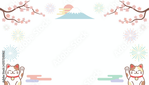 Japanese background frame featuring Mount Fuji cherry blossom branches fortune cats maneki-neko and colorful fireworks.