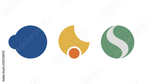 Three abstract geometric icons in blue, yellow, and green displaying simple modern minimalist design concepts for logo branding.