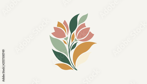 Floral bouquet art featuring pink blossoms, green foliage, and ochre leaves in a beautiful modern bohemian graphic illustration.