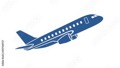 Blue commercial airplane ascending in takeoff flight representing airline travel, aviation business, tourism, and global transit.