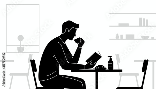 Silhouette of young man drinking coffee while reading book in modern cafe interior representing peaceful morning routine.